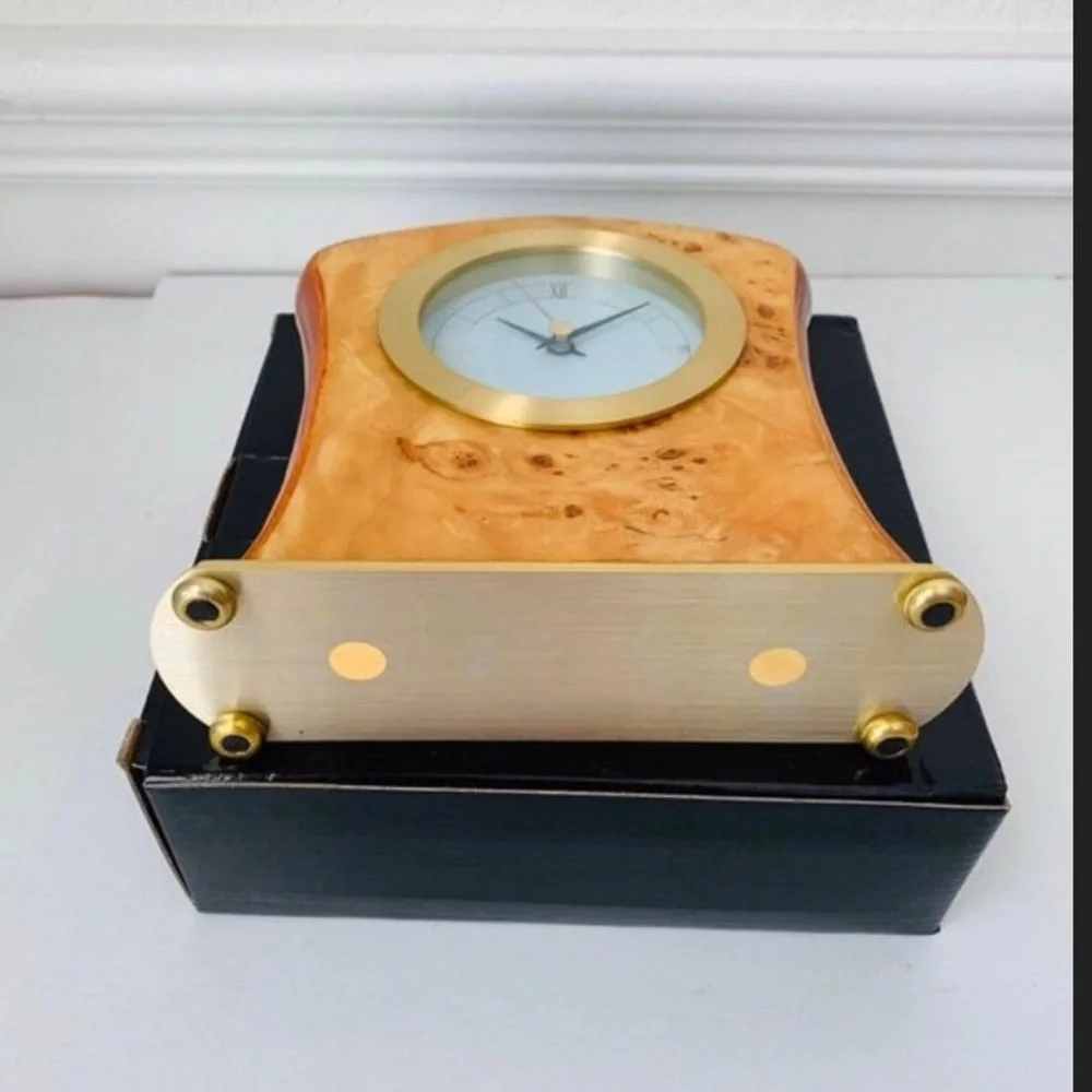 Desktop Clock Burl-Wood And Brass New In Box